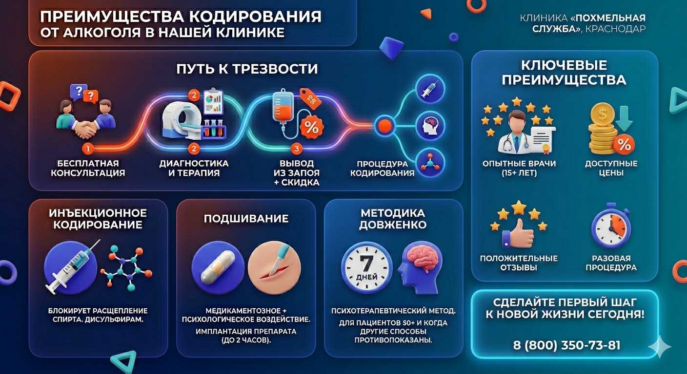Инфографика о методах кодирования от алкоголя в Двубратском: инъекции, подшивание, метод Довженко. Преимущества клиники и этапы лечения.